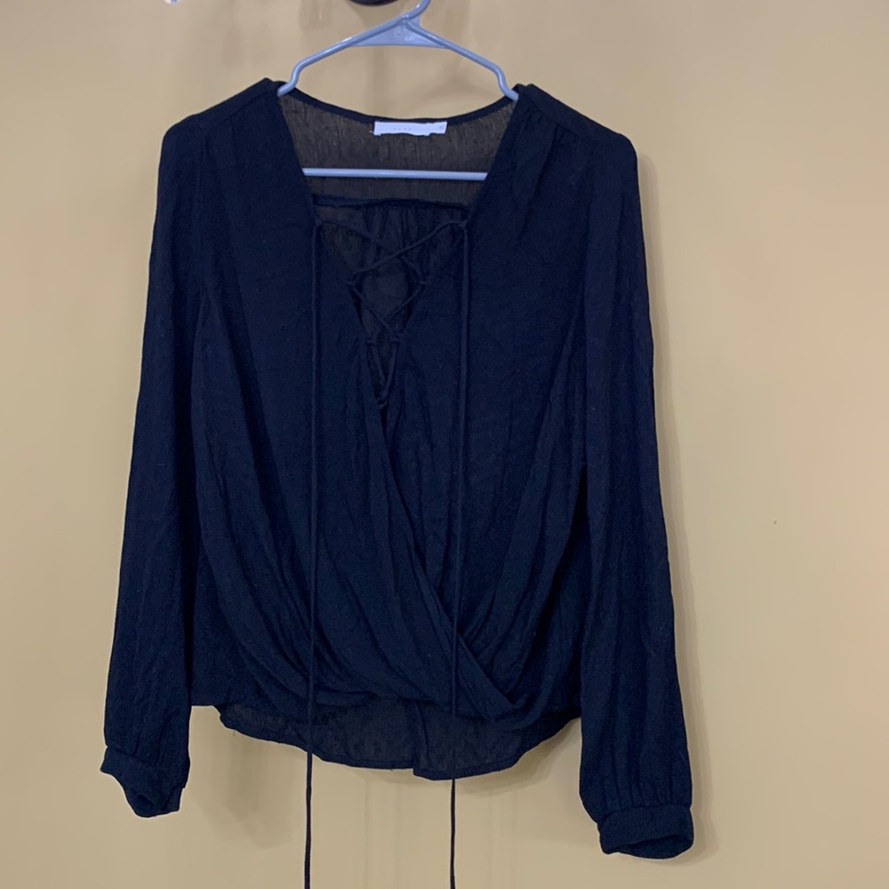 Lush Long Sleeve V neck lace up top